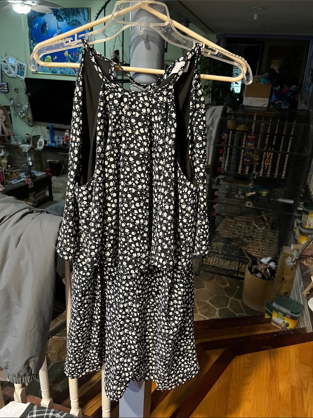 Black & White Floral Cold-Shoulder Sundress